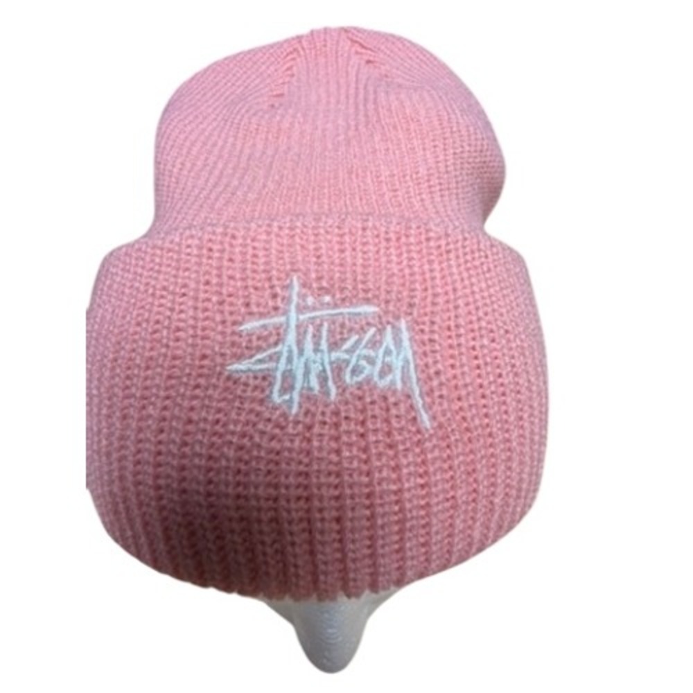 Stussy Basic Cuff Beanie Pink Ribbed Knit Embroidered Logo Hat 1321019 NEW